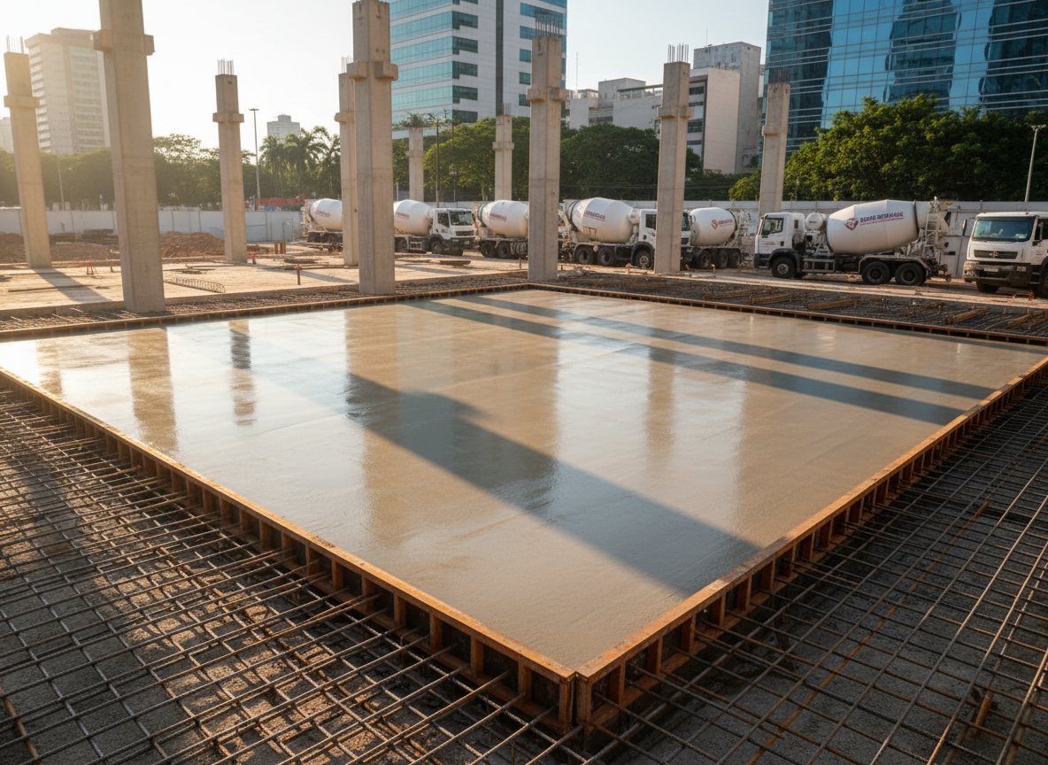 A clean, modern construction site in a Brazilian city, centered on a freshly poured, perfectly level concrete slab with a smooth, slightly reflective surface. Steel formwork and neatly arranged rebar surround the slab, with stacked concrete mixer trucks visible in the softly blurred background. Late afternoon natural light bathes the scene, creating gentle highlights on the wet concrete and long, defined shadows from nearby structural columns. Captured at eye level with photographic realism and sharp focus on the slab, the composition emphasizes precision, quality, and organization. The overall mood is professional and reliable, reinforcing the idea of well-executed concrete delivery for urban projects.